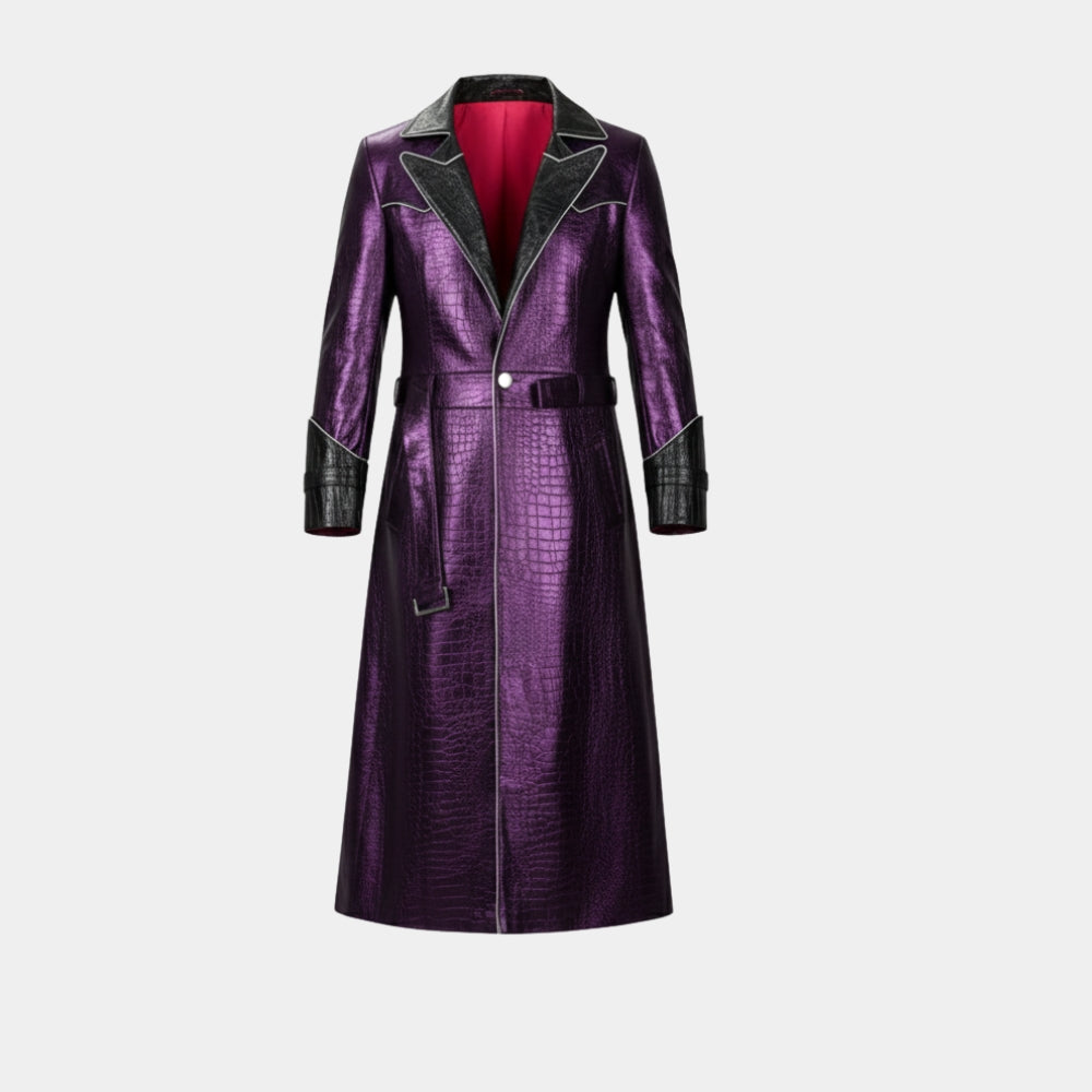 Kazuya Mishima  Tekken 8 Purple Crocodile Pattern Faux Leather Long Coat - Mannequin Front View