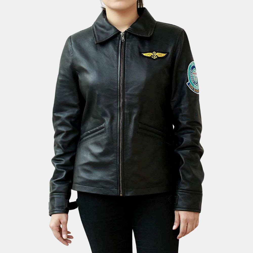 Kelly McGillis Charlotte 'Charlie' Blackwood Black Real Leather Flight Jacket - Front Closure View