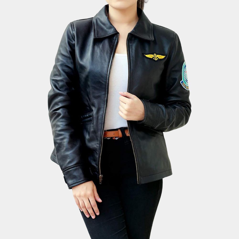 Kelly McGillis Charlotte 'Charlie' Blackwood Black Real Leather Flight Jacket - Front View