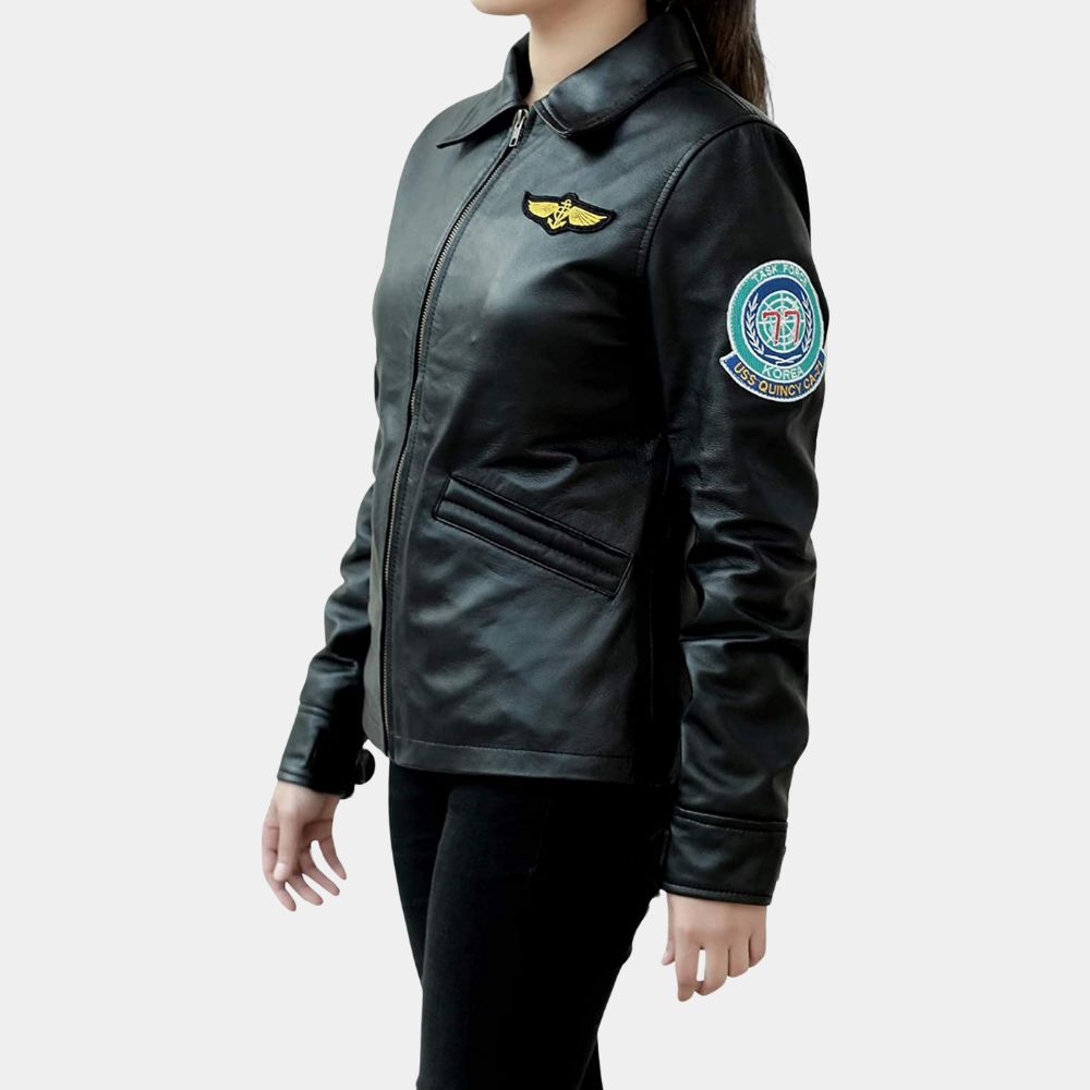 Kelly McGillis Charlotte 'Charlie' Blackwood Black Real Leather Flight Jacket - Side View