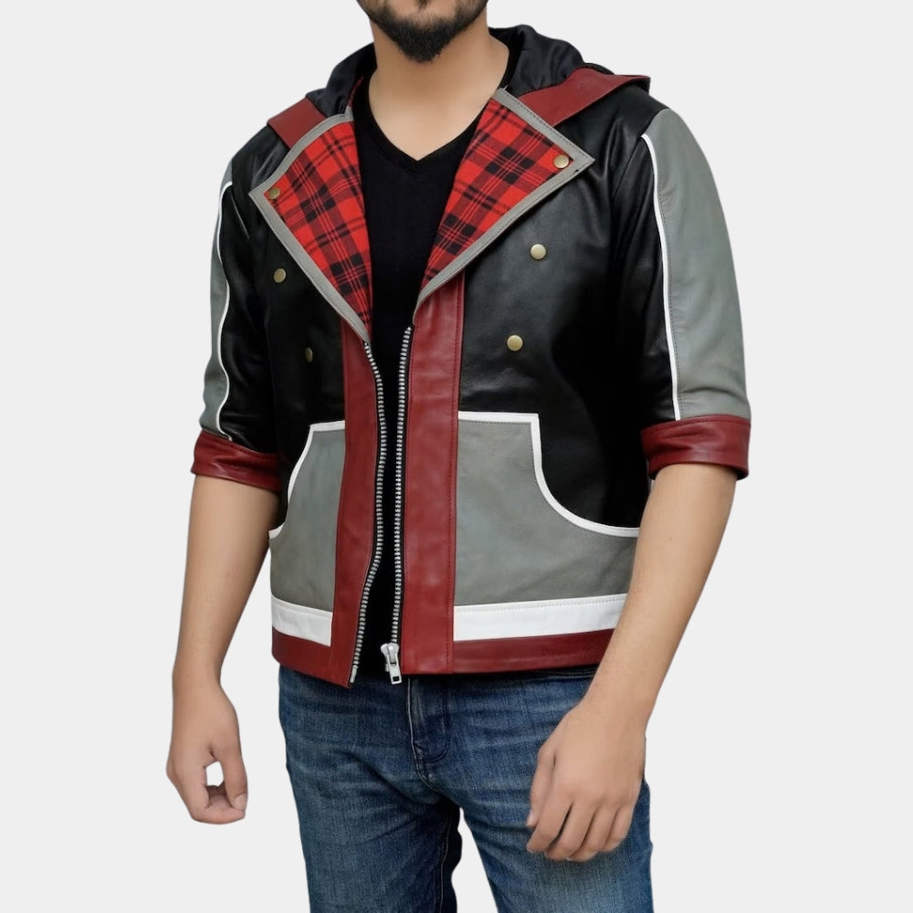 Kingdom Hearts  Sora Black Leather Hooded Jacket - Front View