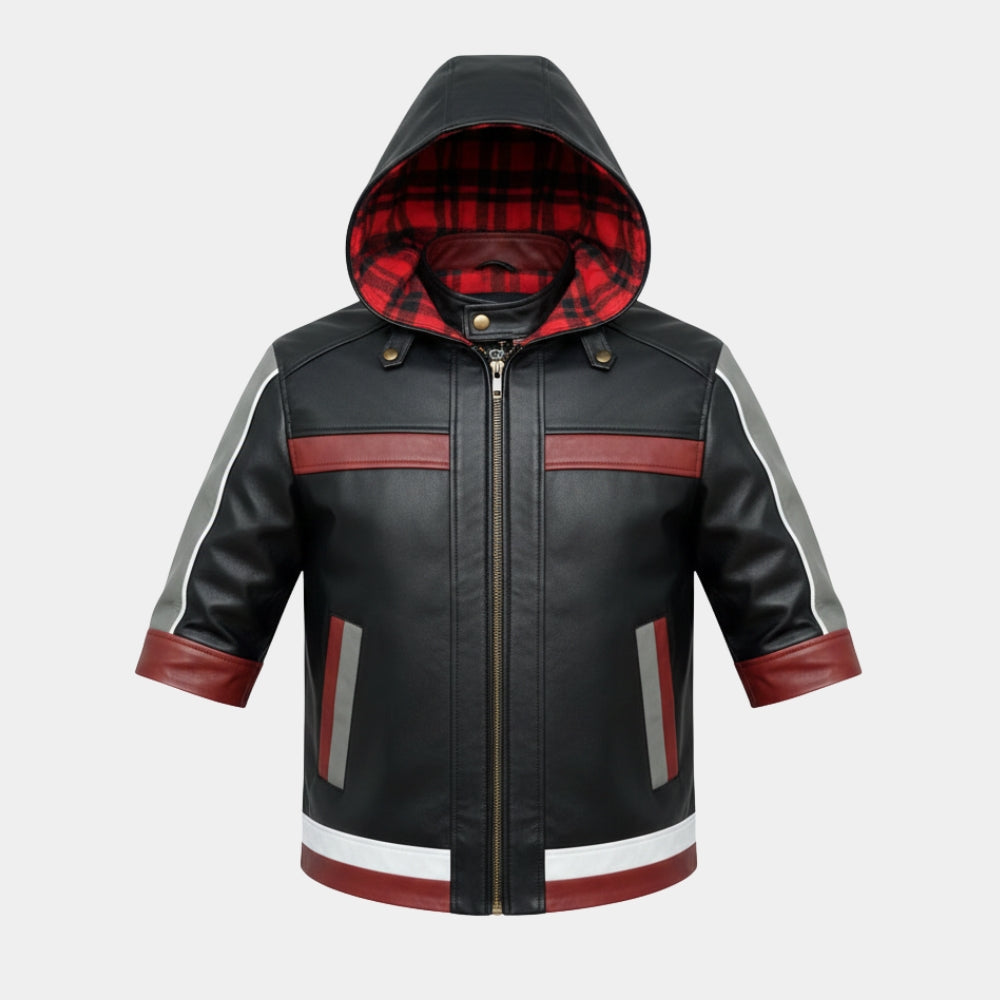 Kingdom Hearts  Sora Black Leather Hooded Jacket - Mannequin Front View