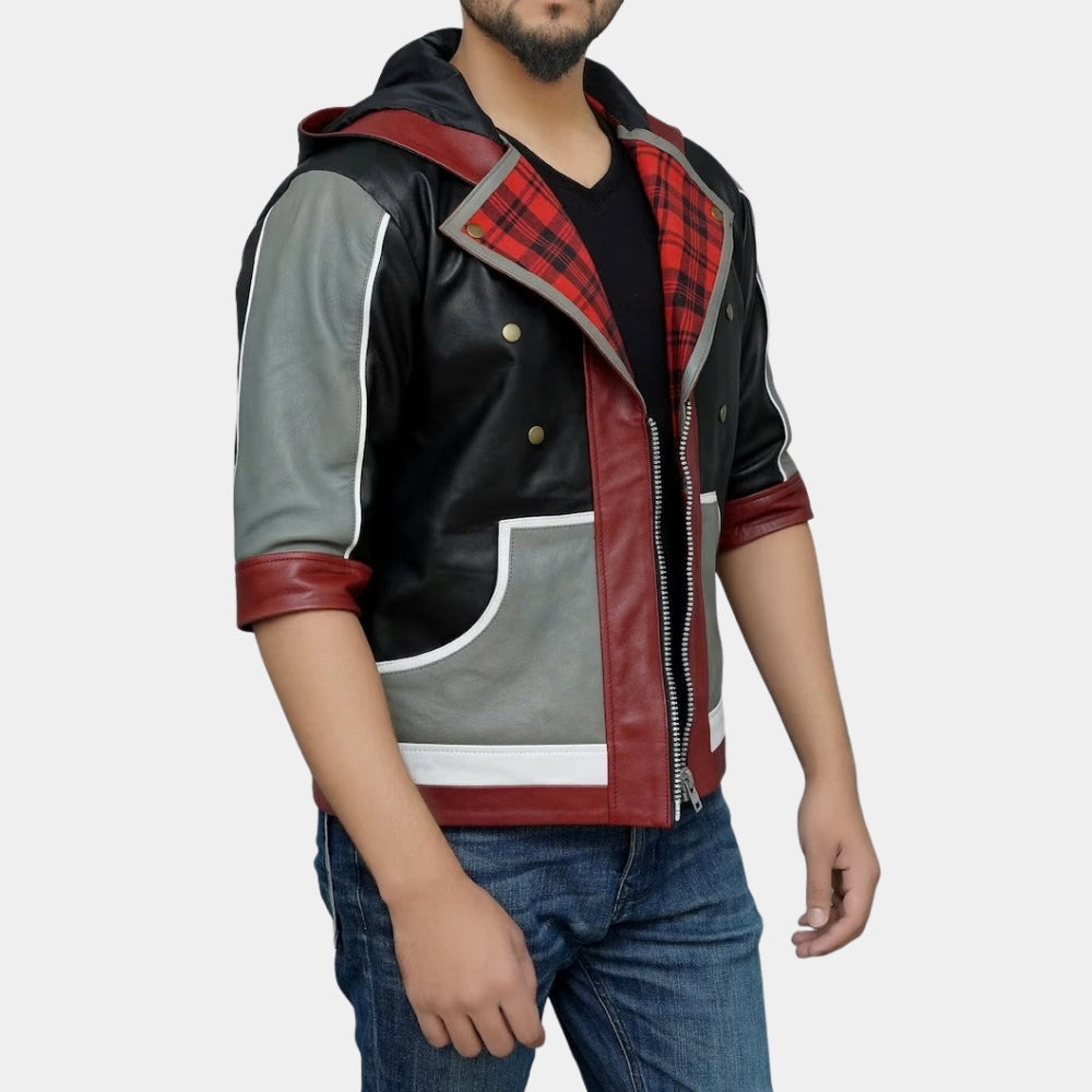Kingdom Hearts  Sora Black Leather Hooded Jacket - Side View