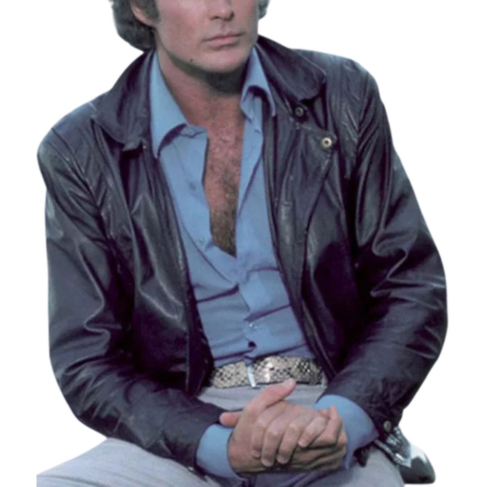 Knight Rider David Hasselhoff aka Michael Black Leather Jacket - Front View