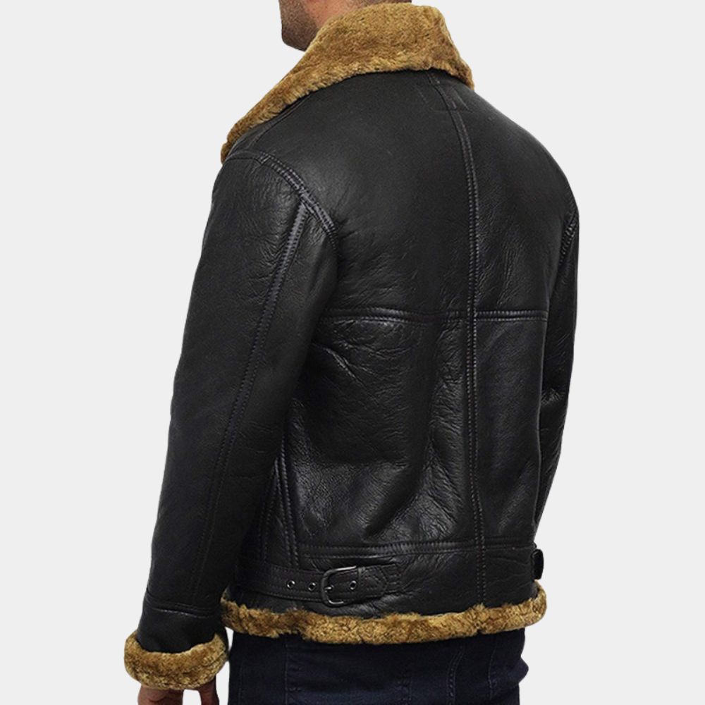 Kraven the Hunter Sergei Kravinoff Black Shearling B3 Aviator Bomber Jacket - Character Back View