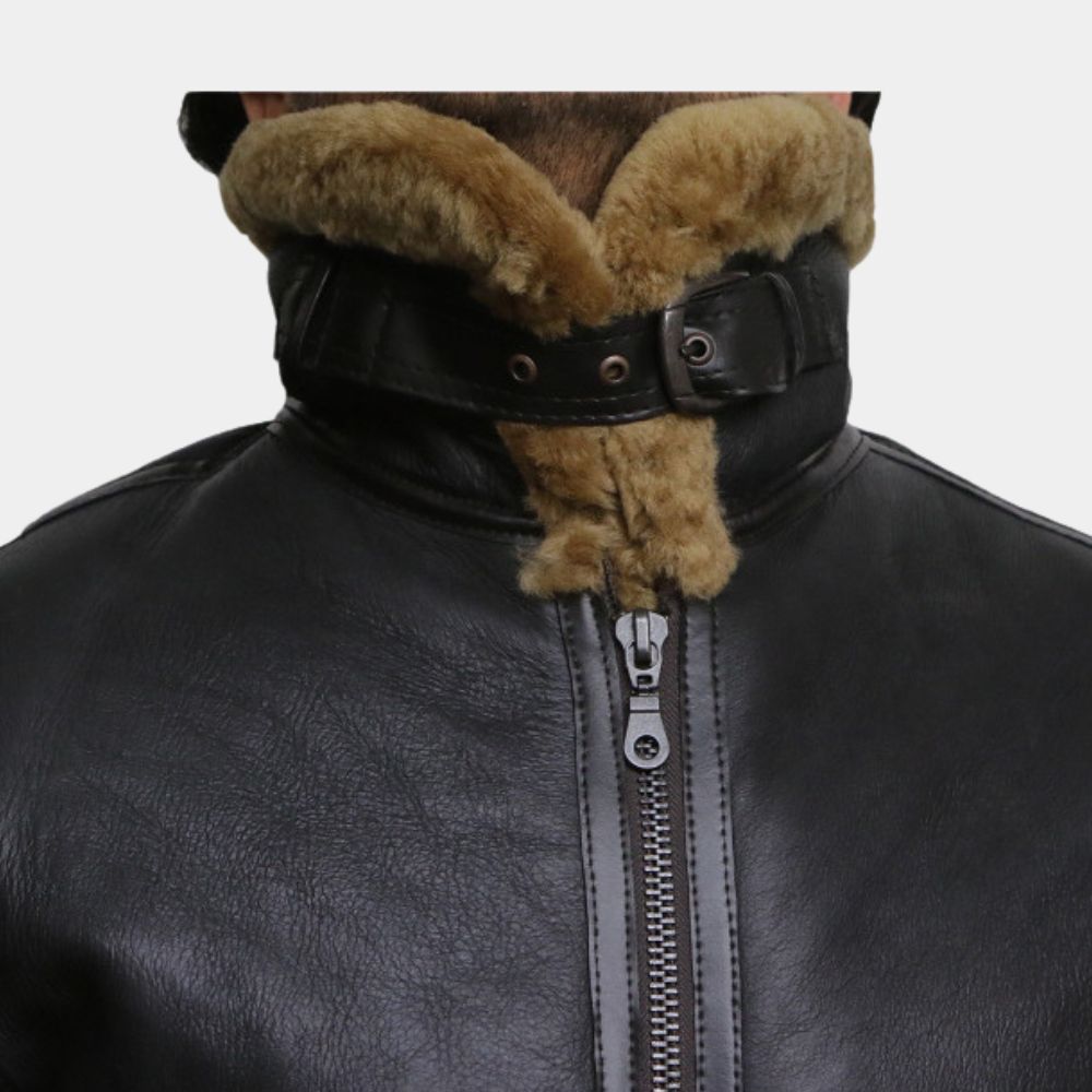 Kraven the Hunter Sergei Kravinoff Black Shearling B3 Aviator Bomber Jacket - Collar Close - Up View