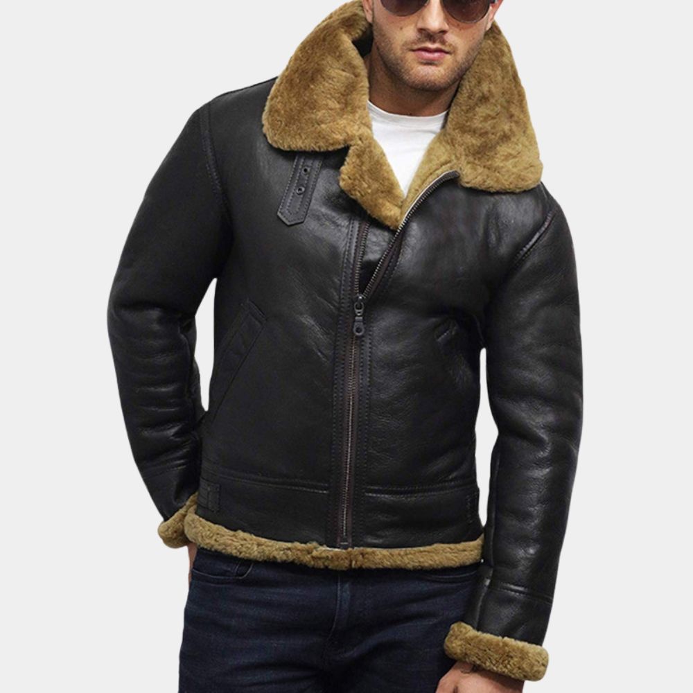 Kraven the Hunter Sergei Kravinoff Black Shearling B3 Aviator Bomber Jacket - Front View