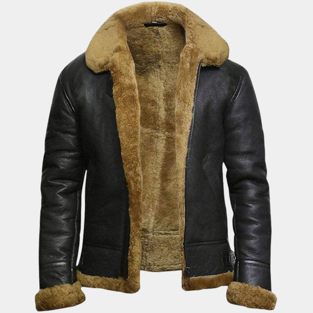 Kraven the Hunter Sergei Kravinoff Black Shearling B3 Aviator Bomber Jacket - Mannequin Front View