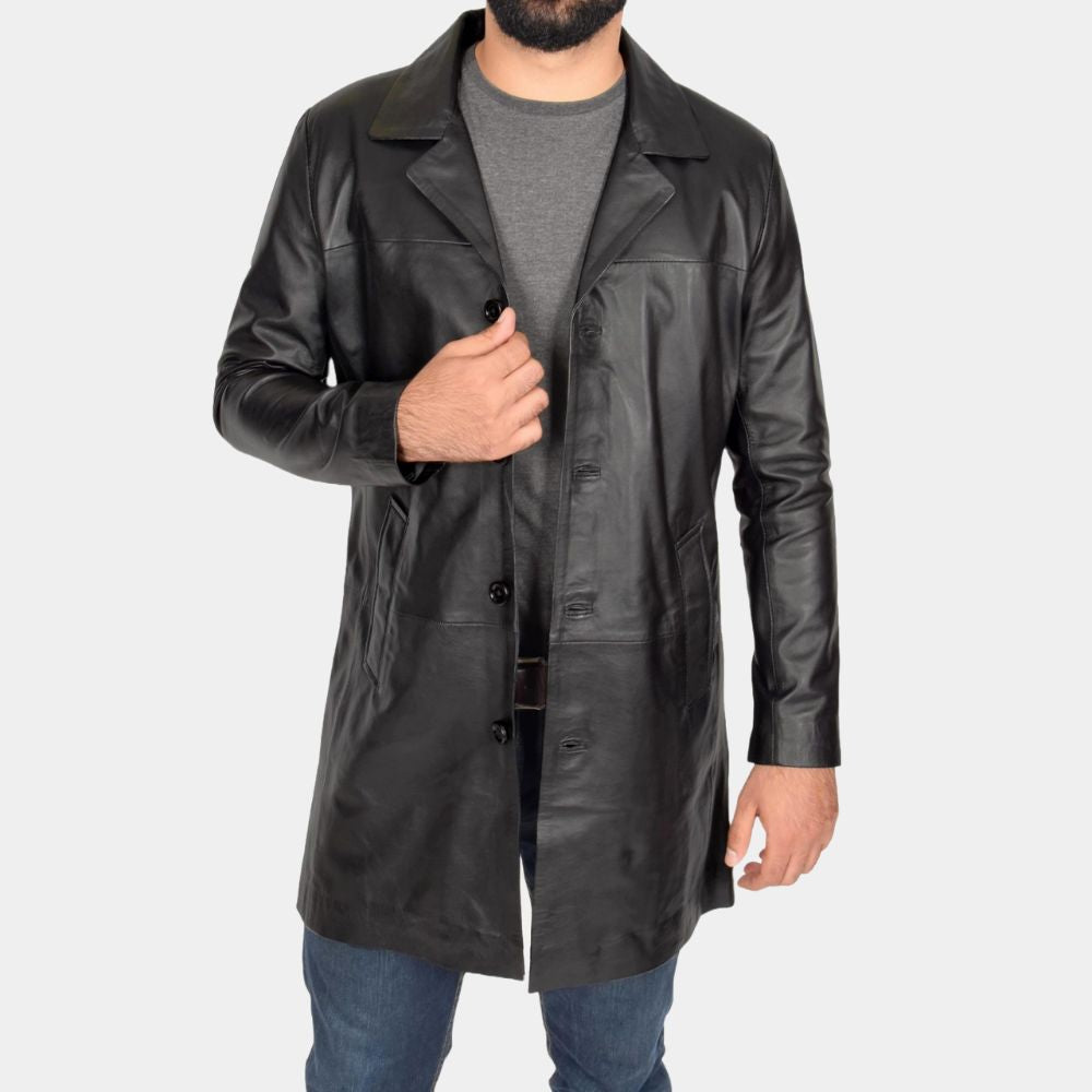 Kurt Cobain Black 3/4 Length Crombie Coat - Front Posture View
