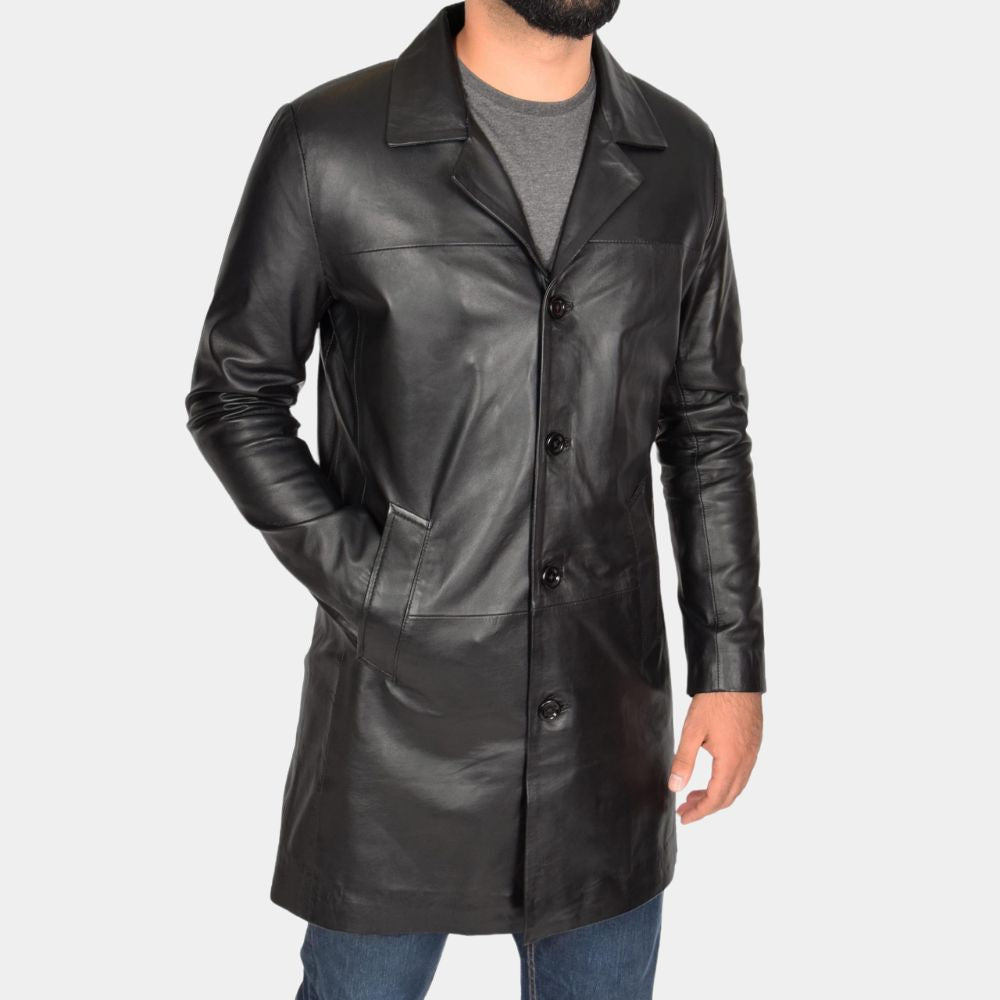 Kurt Cobain Black 3/4 Length Crombie Coat - Side Posture View
