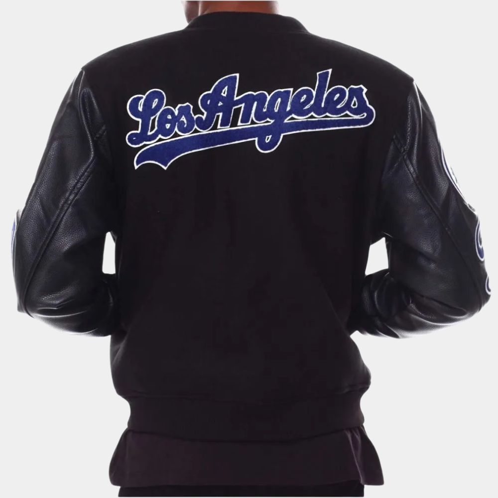 LA Dodgers  Los Angeles Black Varsity Jacket with Leather Sleeves - Back View