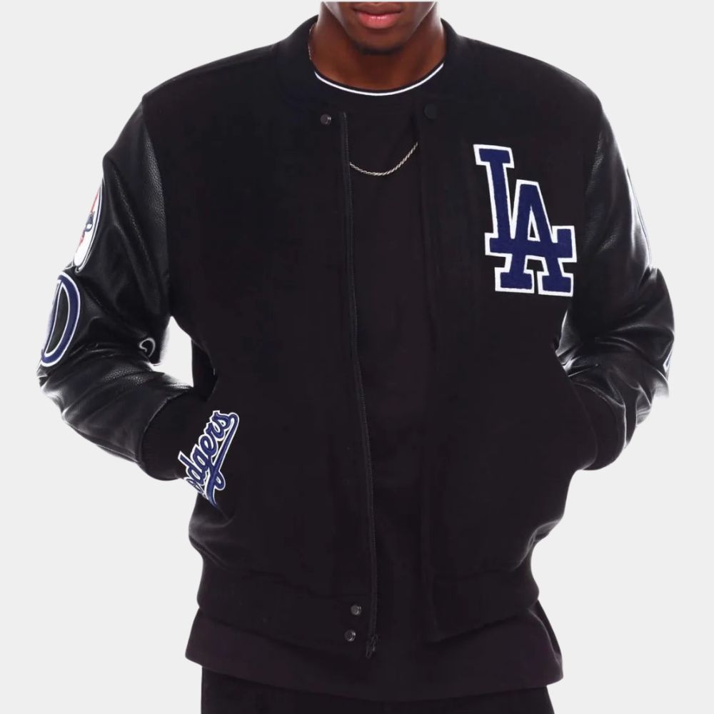 LA Dodgers  Los Angeles Black Varsity Jacket with Leather Sleeves - Front View