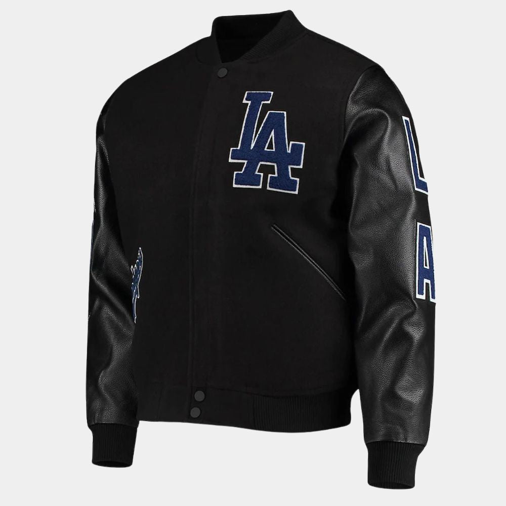 LA Dodgers  Los Angeles Black Varsity Jacket with Leather Sleeves - Mannequin Front View
