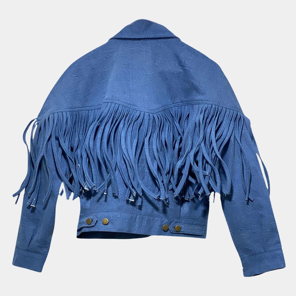 Landman  Michelle Randolph Blue Denim Fringe Jacket - Mannequin Back View