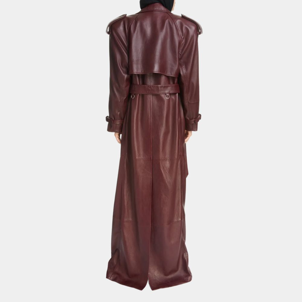 Leather Coat Women Seinfeld Long Burgundy Leather Coat - Back View