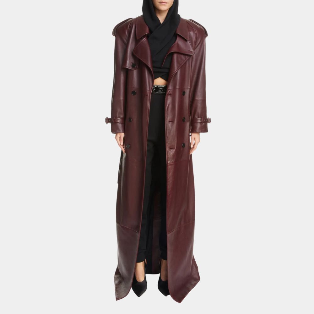 Leather Coat Women Seinfeld Long Burgundy Leather Coat - Front View