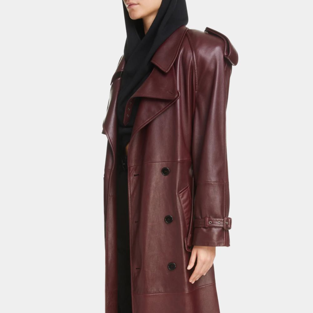 Leather Coat Women Seinfeld Long Burgundy Leather Coat - Side Close - Up View