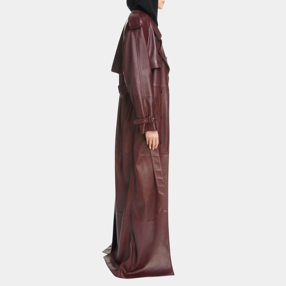Leather Coat Women Seinfeld Long Burgundy Leather Coat - Side View