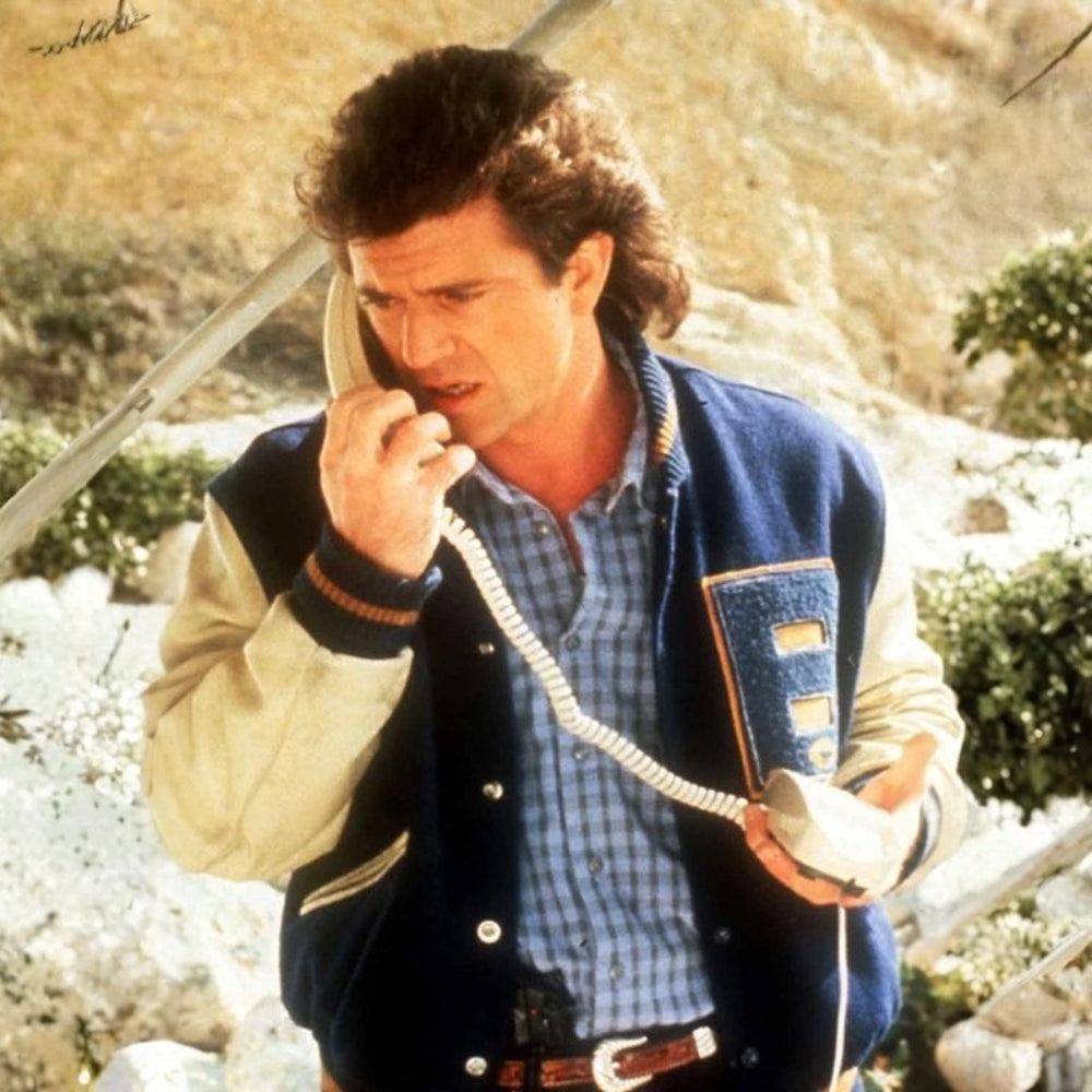 Lethal Weapon 2  Martin Riggs aka Mel Gibson Blue And Off White Letterman Jacket - Character Front View