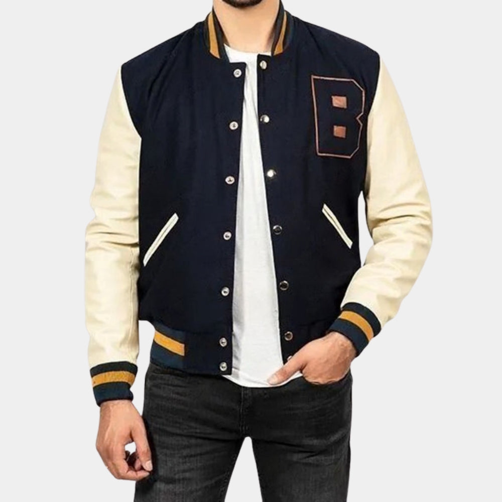 Lethal Weapon 2  Martin Riggs aka Mel Gibson Blue And Off White Letterman Jacket - Front View