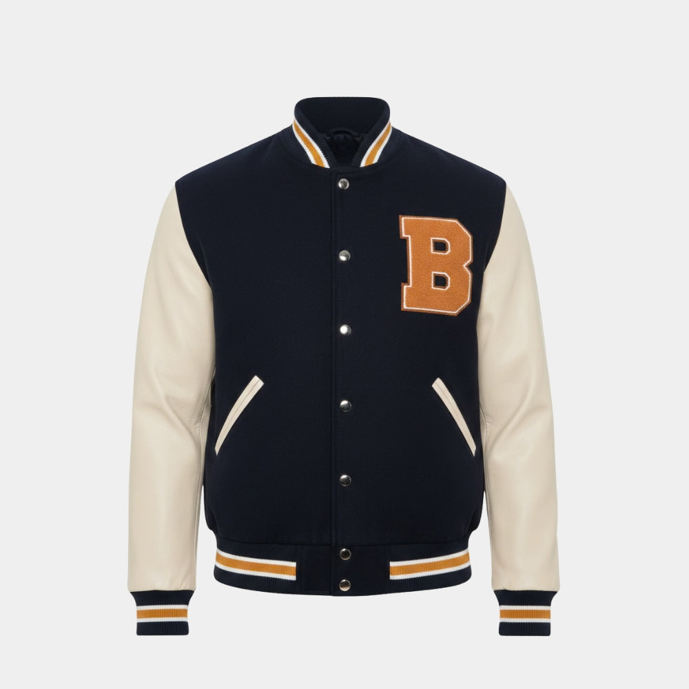 Lethal Weapon 2  Martin Riggs aka Mel Gibson Blue And Off White Letterman Jacket - Mannequin Front View