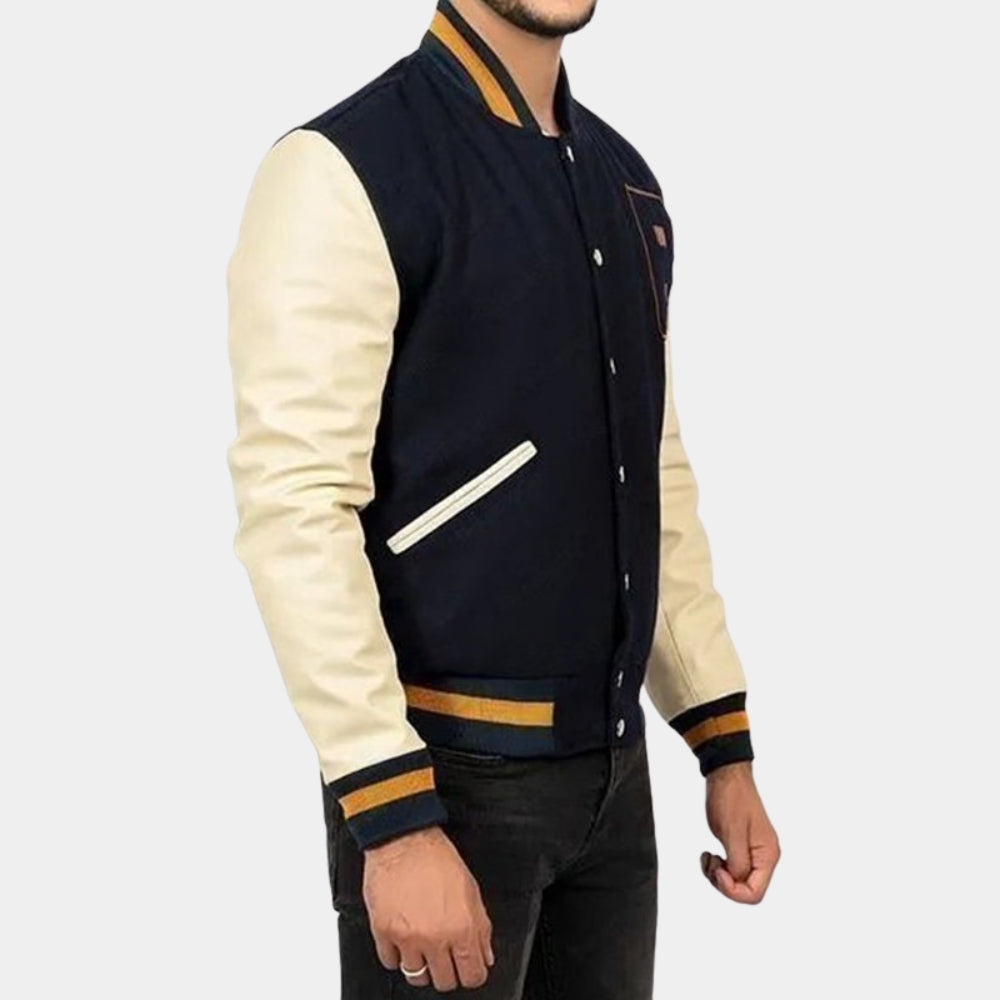 Lethal Weapon 2  Martin Riggs aka Mel Gibson Blue And Off White Letterman Jacket - Side View