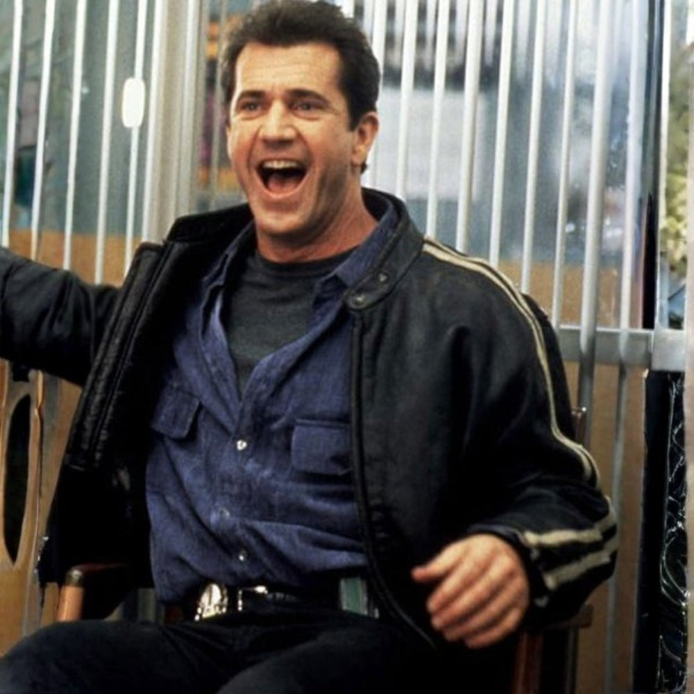 Lethal Weapon  Mel Gibson aka Martin Riggs Black Leather Jacket - Close - Up Front View