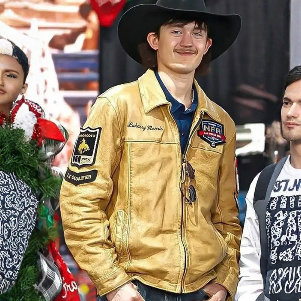 Logan Hay  Men’s NFR Las Vegas Tan Leather Jacket - Character Front View