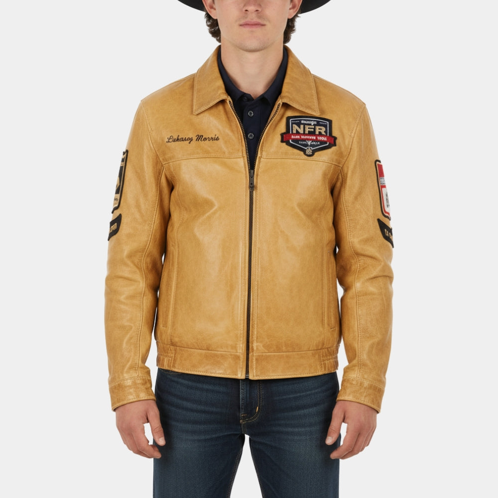 Logan Hay  Men’s NFR Las Vegas Tan Leather Jacket - Front View