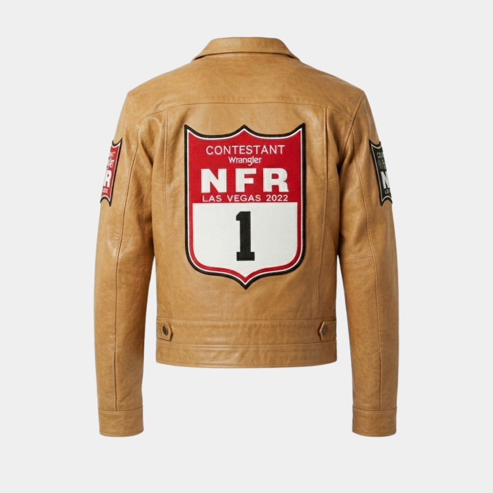 Logan Hay  Men’s NFR Las Vegas Tan Leather Jacket - Mannequin Back View