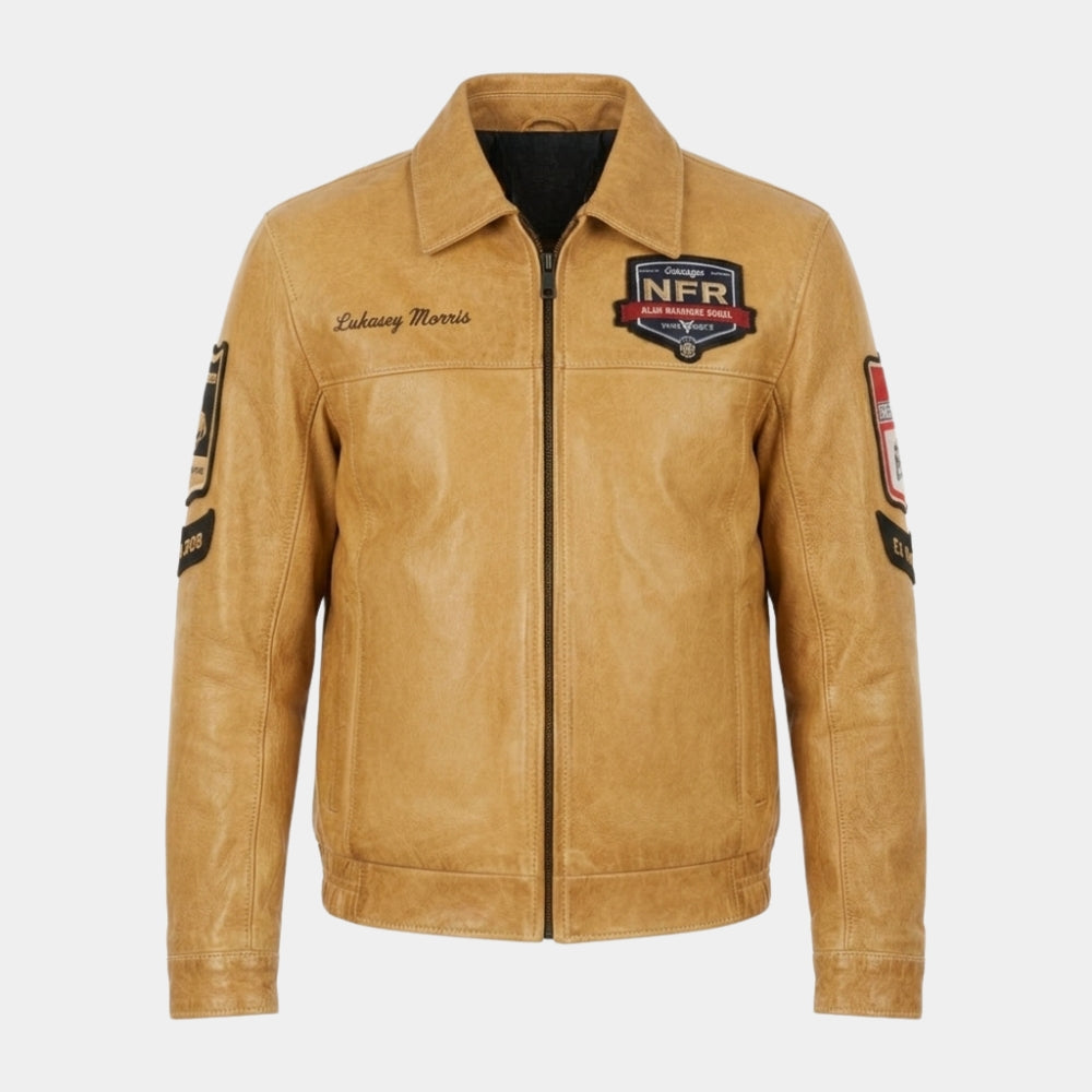 Logan Hay  Men’s NFR Las Vegas Tan Leather Jacket - Mannequin Front View