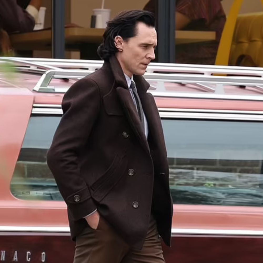 Loki Season 02  God of Mischief aka Tom Hiddleston Brown Wool Peacoat - Side View