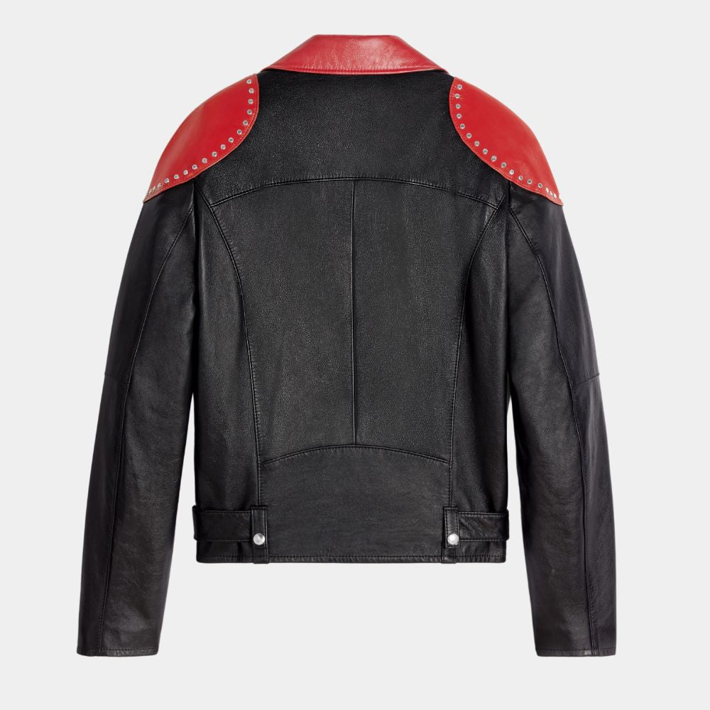 Love Like This Zayn Malik's Studded Biker Jacket in Red and Black in Real Leather - Mannequin Back View