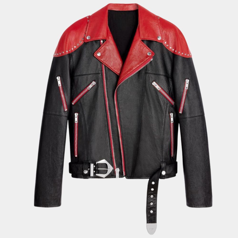 Love Like This Zayn Malik's Studded Biker Jacket in Red and Black in Real Leather - Mannequin Front View
