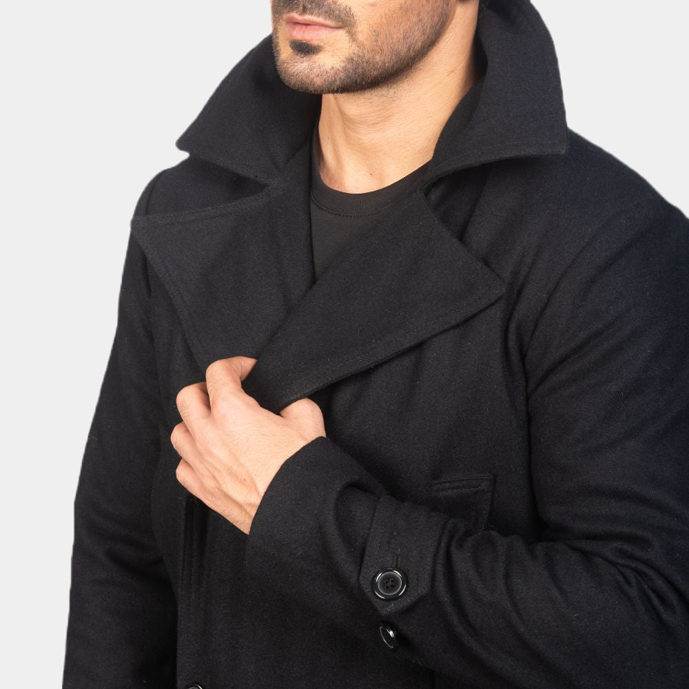 Lupin Omar Sy Black Wool Long OverCoat - Front Collar View