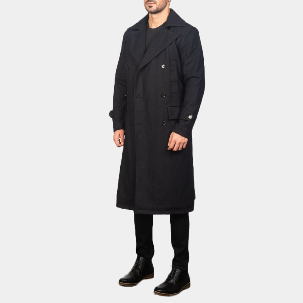 Lupin Omar Sy Black Wool Long OverCoat - Front Posture View
