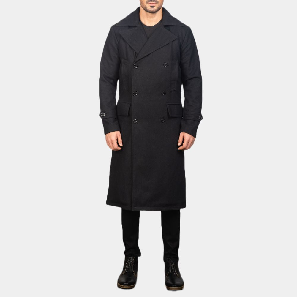 Lupin Omar Sy Black Wool Long OverCoat - Front View
