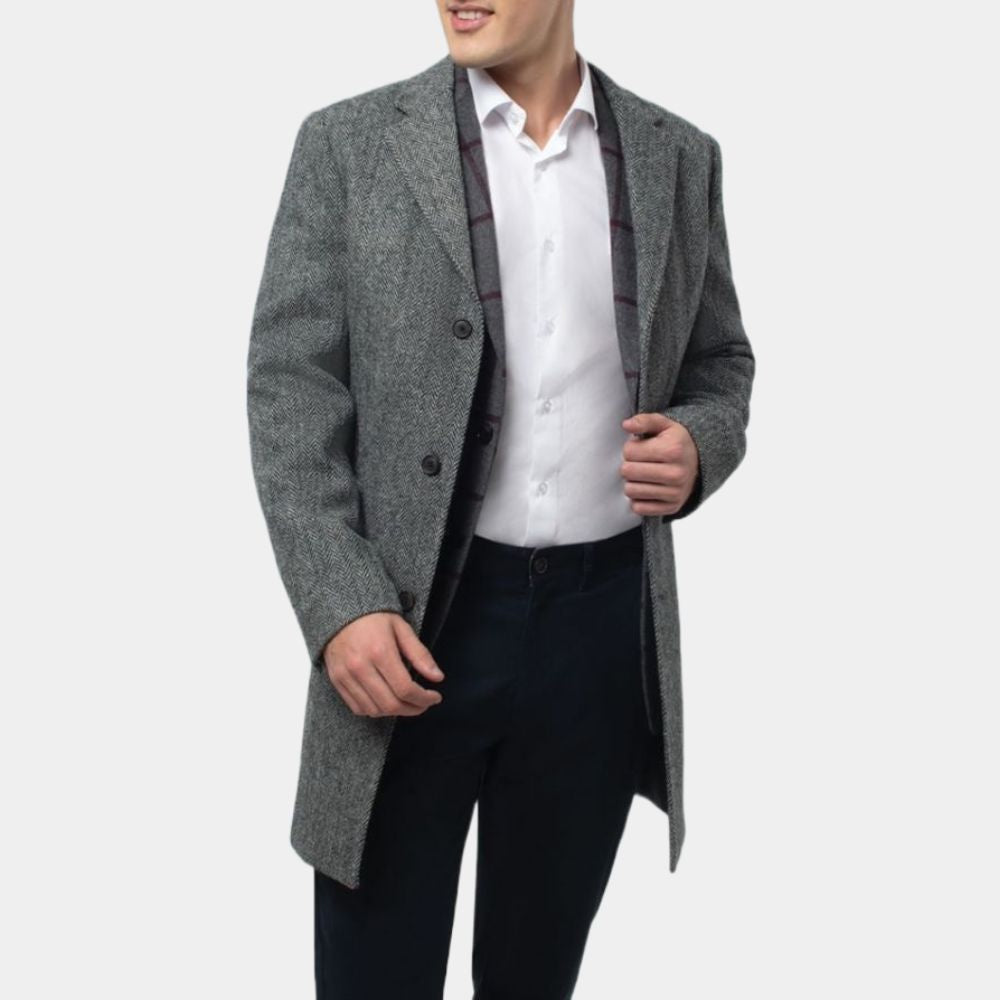 Luther DCI John Luther Grey Wool 3/4 Length Coat - Front View
