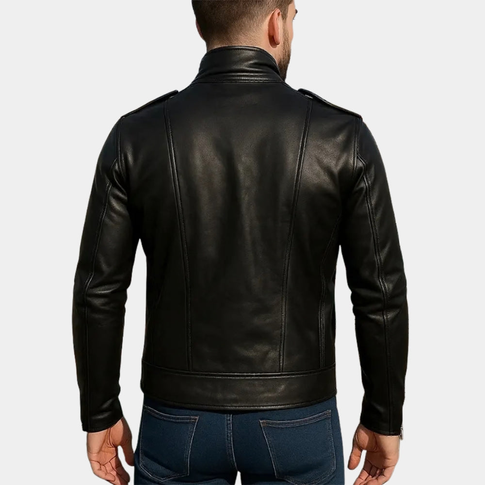 Mad Max  Mel Gibson Black Racer Leather Jacket - Back View