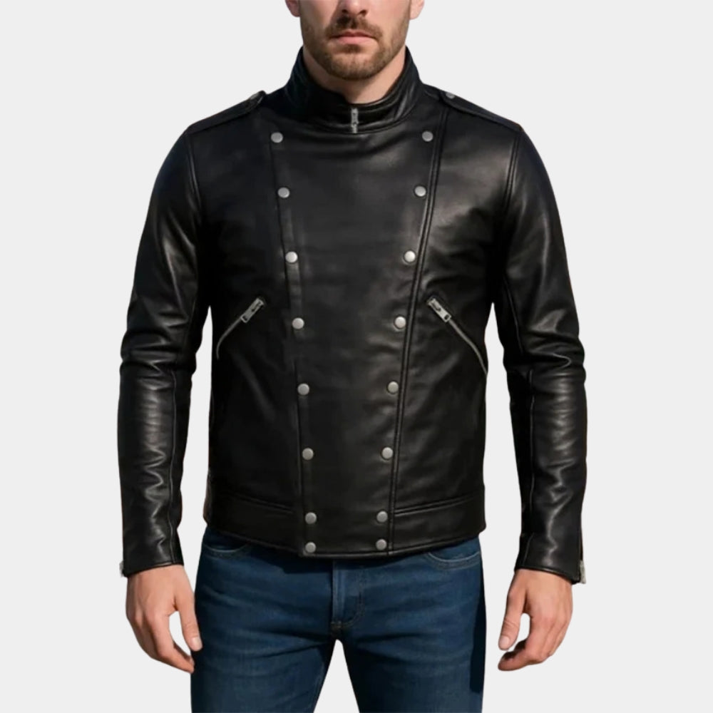 Mad Max  Mel Gibson Black Racer Leather Jacket - Front View