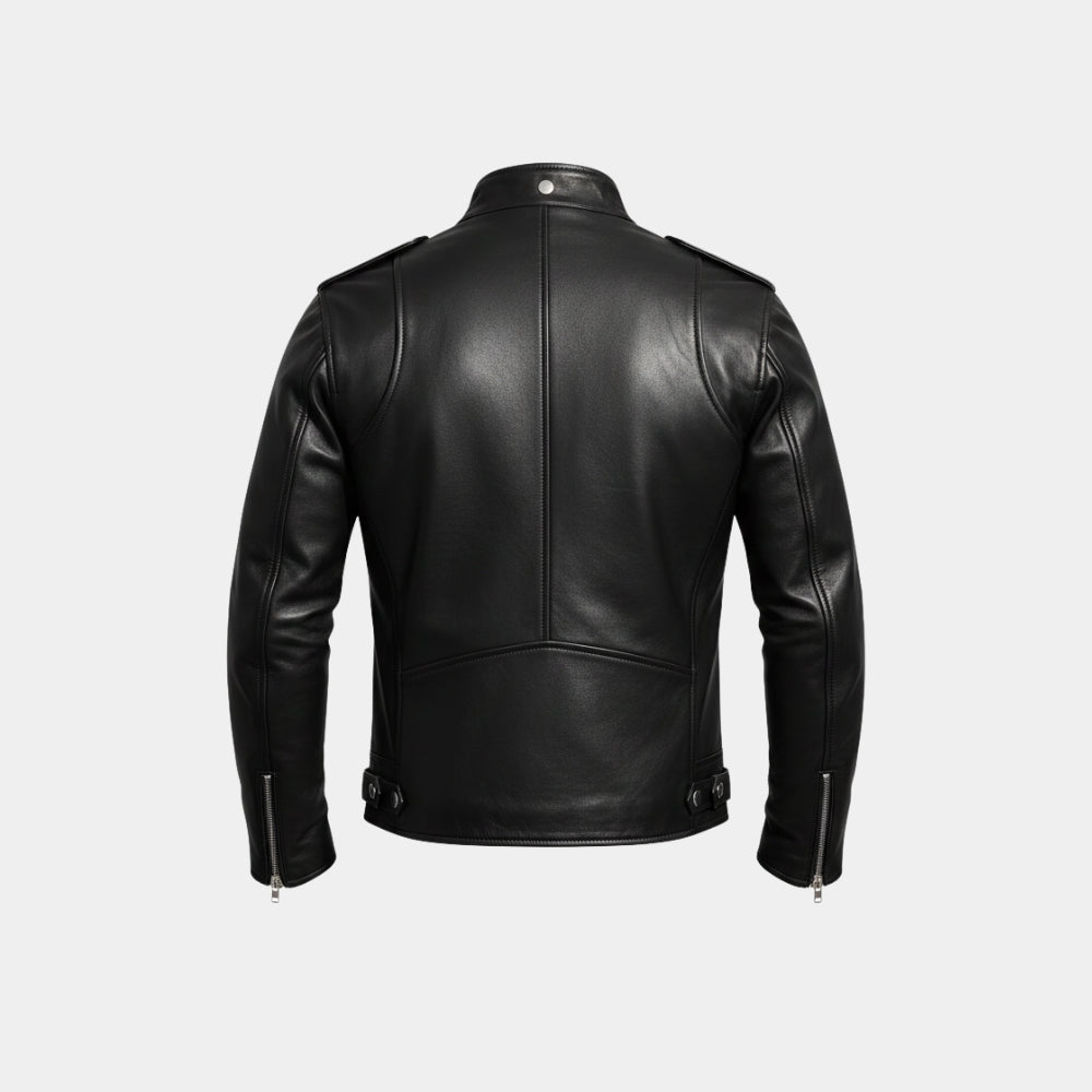 Mad Max  Mel Gibson Black Racer Leather Jacket - Mannequin Back View