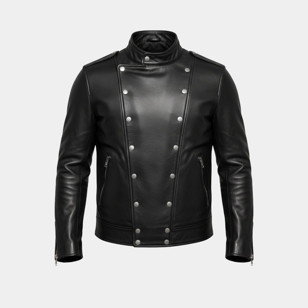 Mad Max  Mel Gibson Black Racer Leather Jacket - Mannequin Front View