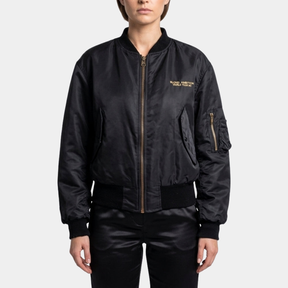 Madonna  Blond Ambition World Tour Black Satin Bomber Jacket - Front View