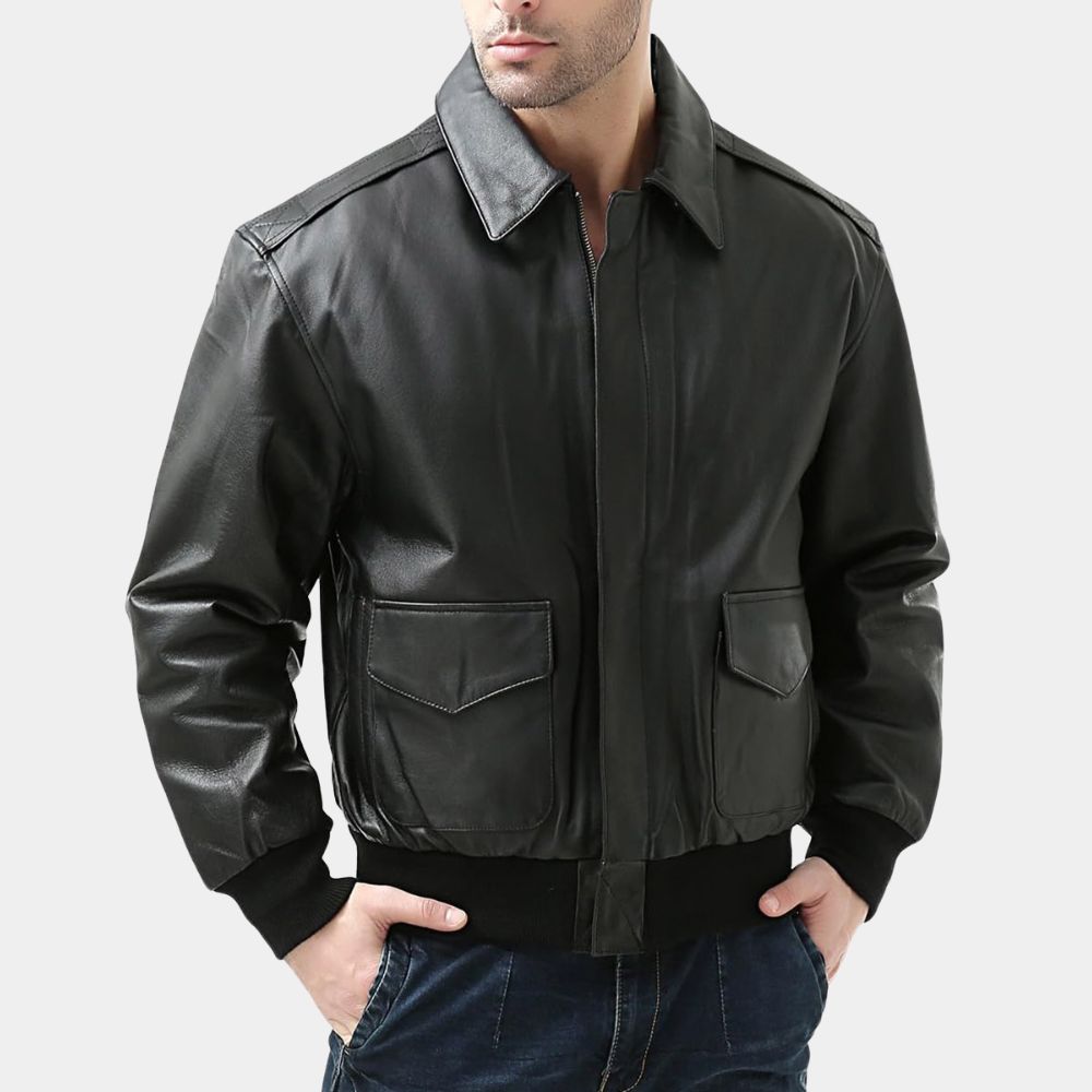 Mafia Wars Terry aka Tom Welling Black A-2 Flight Leather Bomber Jacket - Posture Front View