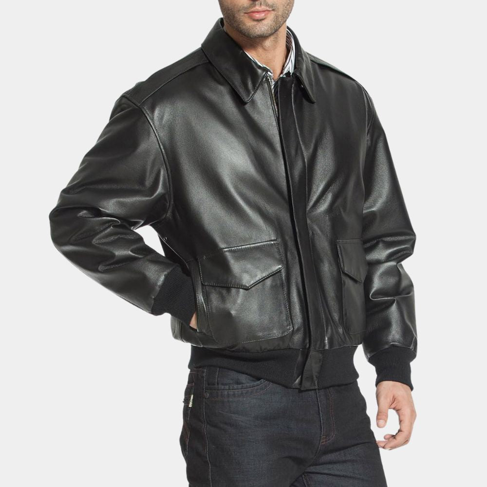 Mafia Wars Terry aka Tom Welling Black A-2 Flight Leather Bomber Jacket - Side Posture  View