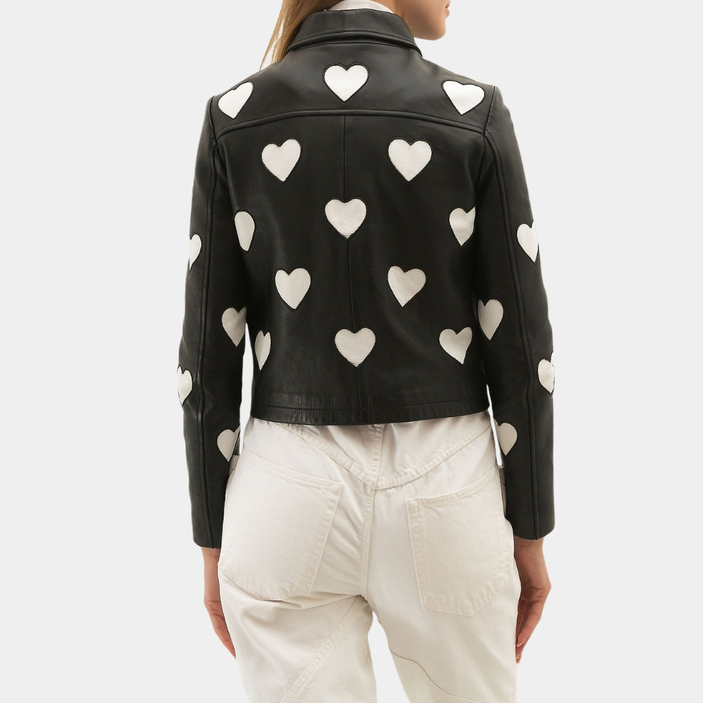 Maje  Heart Design Black Leather Biker Jacket for Womens - Back View