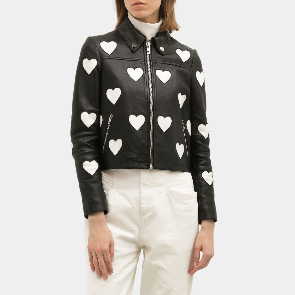 Maje  Heart Design Black Leather Biker Jacket for Womens - Front View