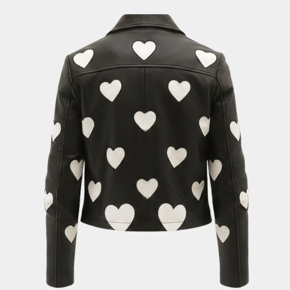 Maje  Heart Design Black Leather Biker Jacket for Womens - Mannequin Back View