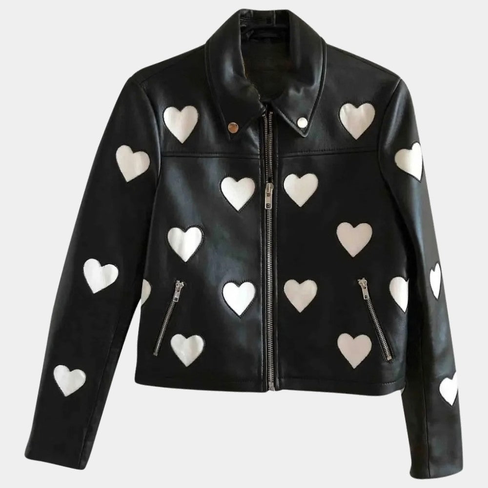 Maje  Heart Design Black Leather Biker Jacket for Womens - Mannequin Front View