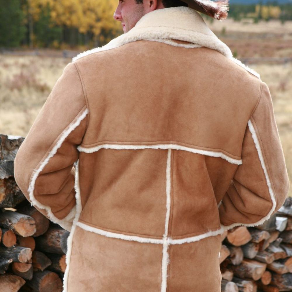 Marlboro Man Tan Brown Faux Shearling Leather Jacket - Back View
